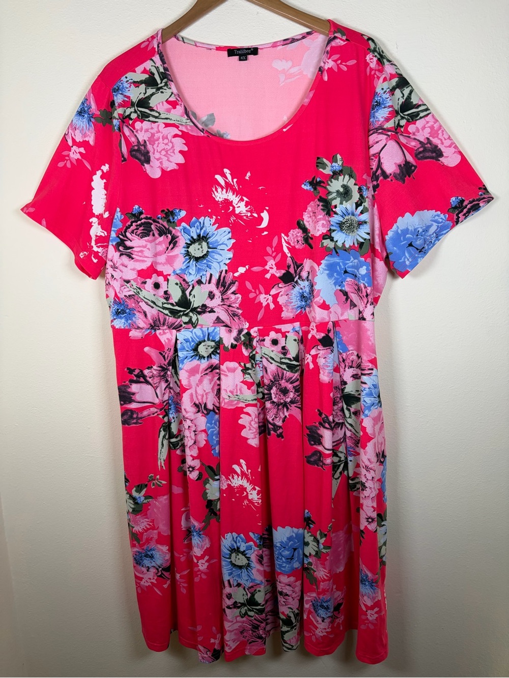 Tralilbee 4X Fuchsia Floral Fit and Flare Dress Short Sleeve Plus Size